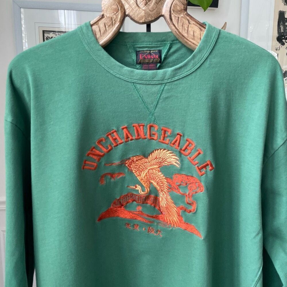 Evisu Men's T-shirt Green Long Sleeve Unchangeable White Heron Bird Embroidered